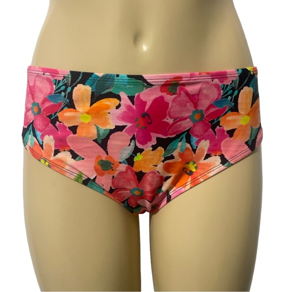 Floral Pink Smocked Bandeau Mid Rise Two Piece Bikini Set Adjustable Halter Top - Picture 3 of 15